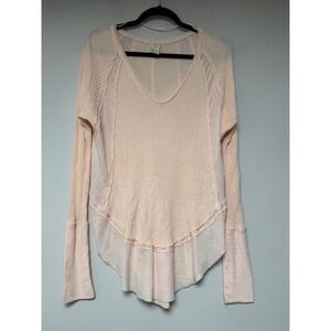 We The Free Peach Waffle Knit Bell Sleeve V Neck Top Size Small